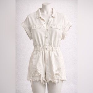 Pants Store White Denim Romper Utility Style Distressed Hem Size Large
